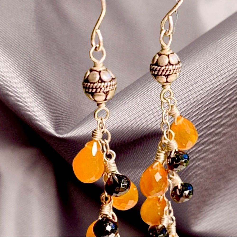 Sterling Carnelian & Onyx Briolette Earrings 2 7/8 - Picture 2 of 3